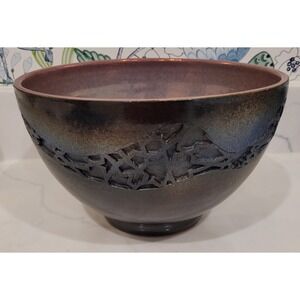 Signed Ceramic Irridescent Large Bowl, 2016, Egypt, Aquas, purples blues, browns